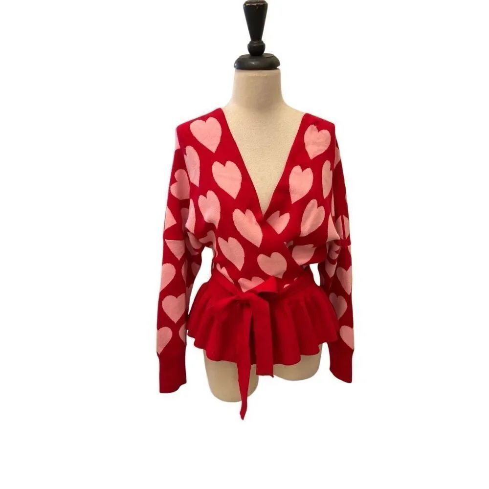 Umgee Women's Hearts Wrap Tie Waist Peplum Babydoll Sweater Red Size Small NWT